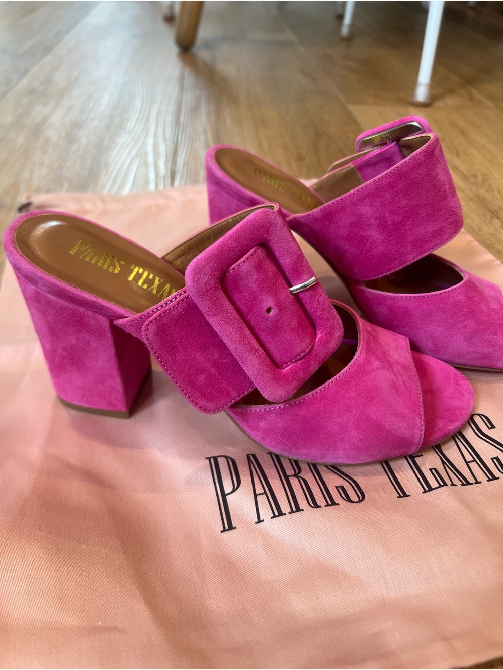 Paris Texas Hot Pink Suede Buckle Block Heel Mules